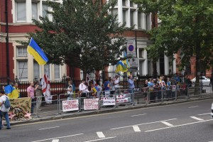 Ukrainian protesters outside of the Russian embassy.